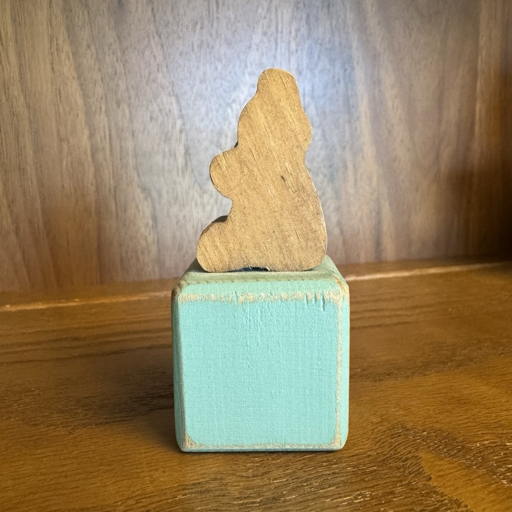 Vintage Hand Painted Wooden Baby Blue Bear & Rabbit. Farmhouse Cottagecore Decor - Picture 9 of 16